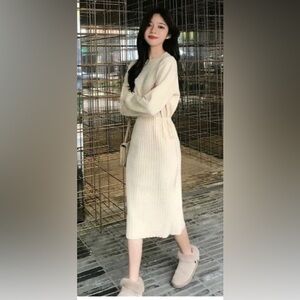 Source Unknown Cream Long-Sleeve Nursing Dress
